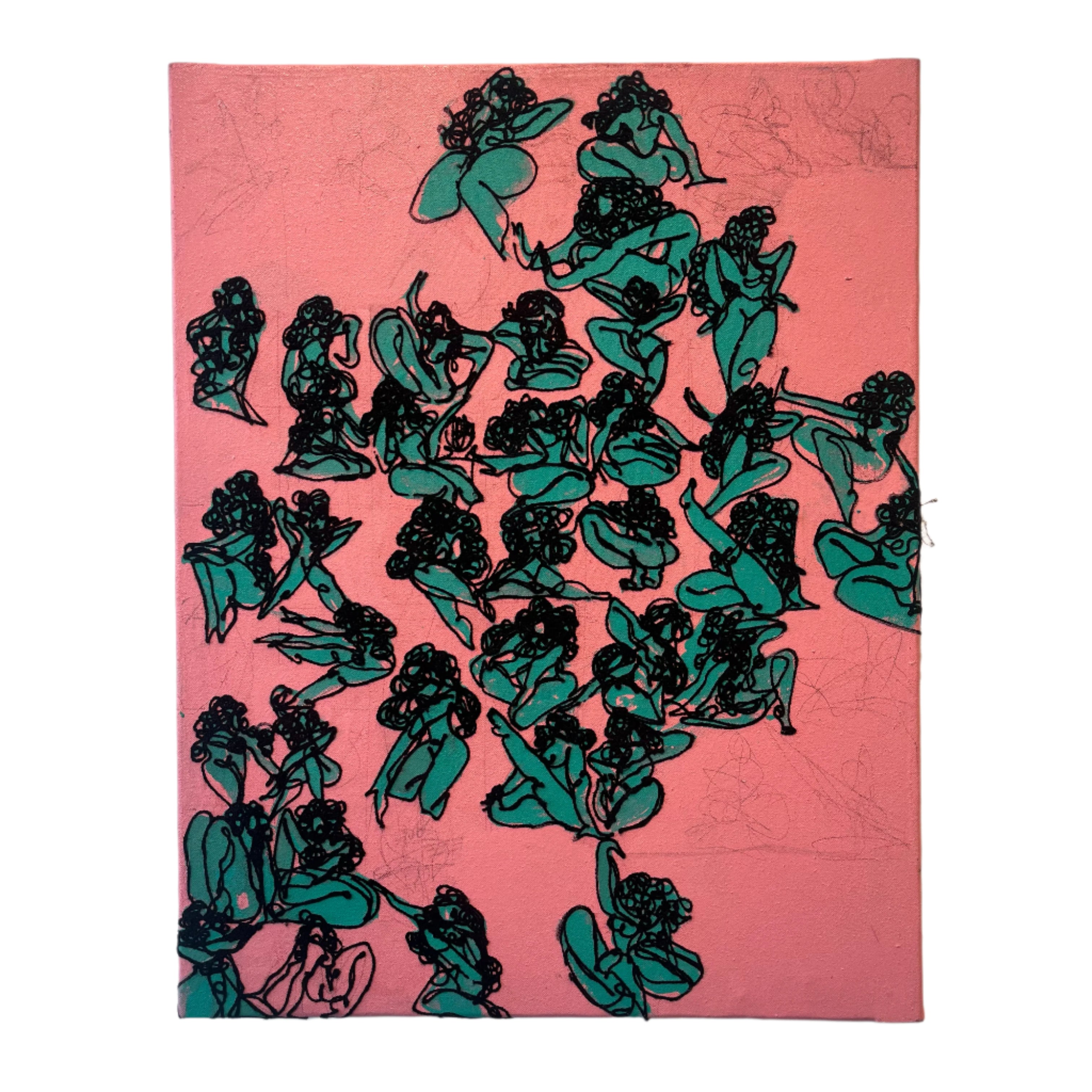 Artistic depiction of green figures on a pink background