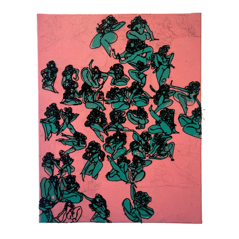 Artistic depiction of green figures on a pink background