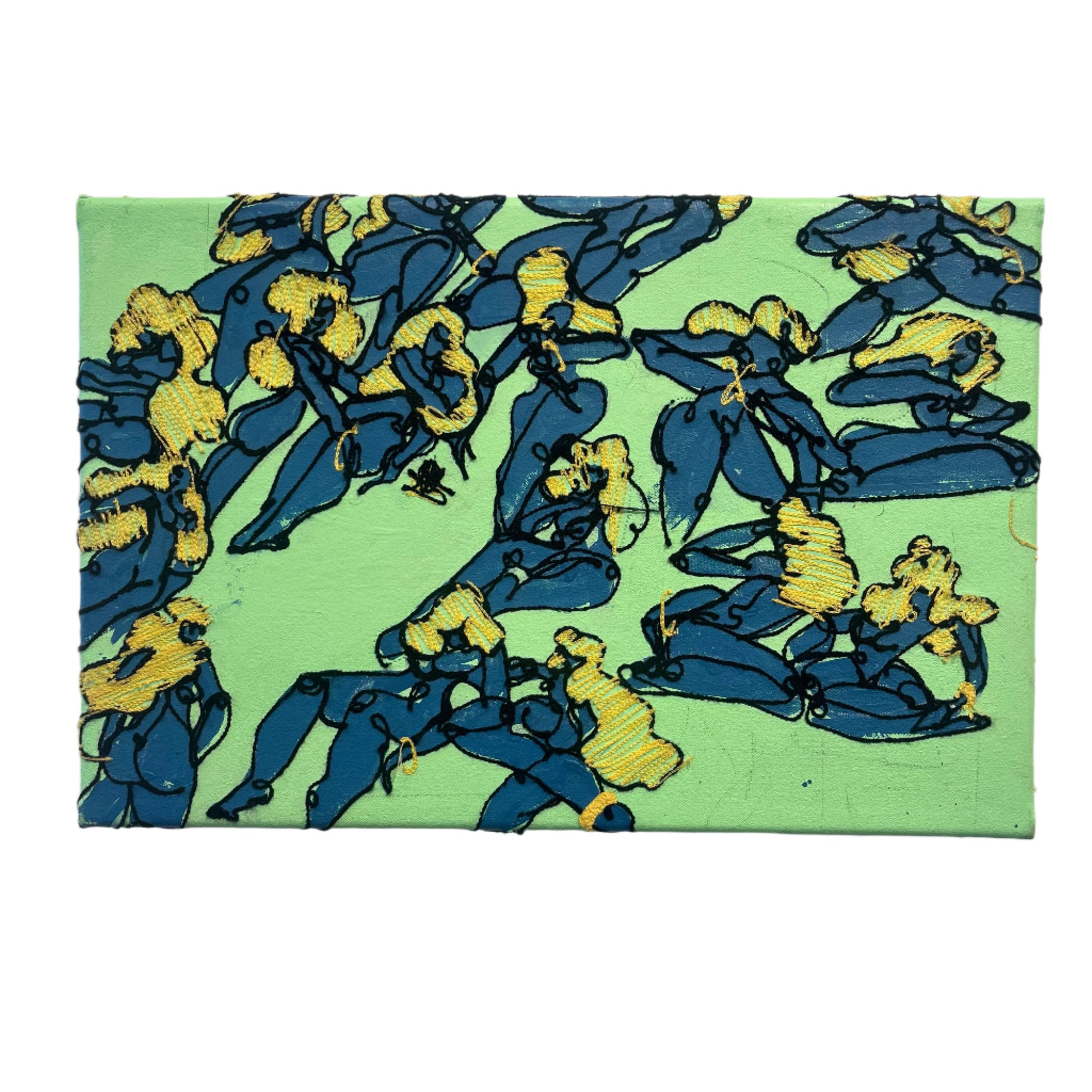 Canvas with blue and yellow abstract pattern on a light green background