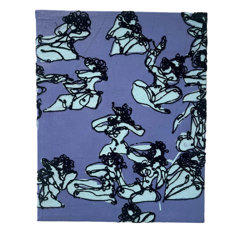 Repeating pattern of a stylized woman on a purple background