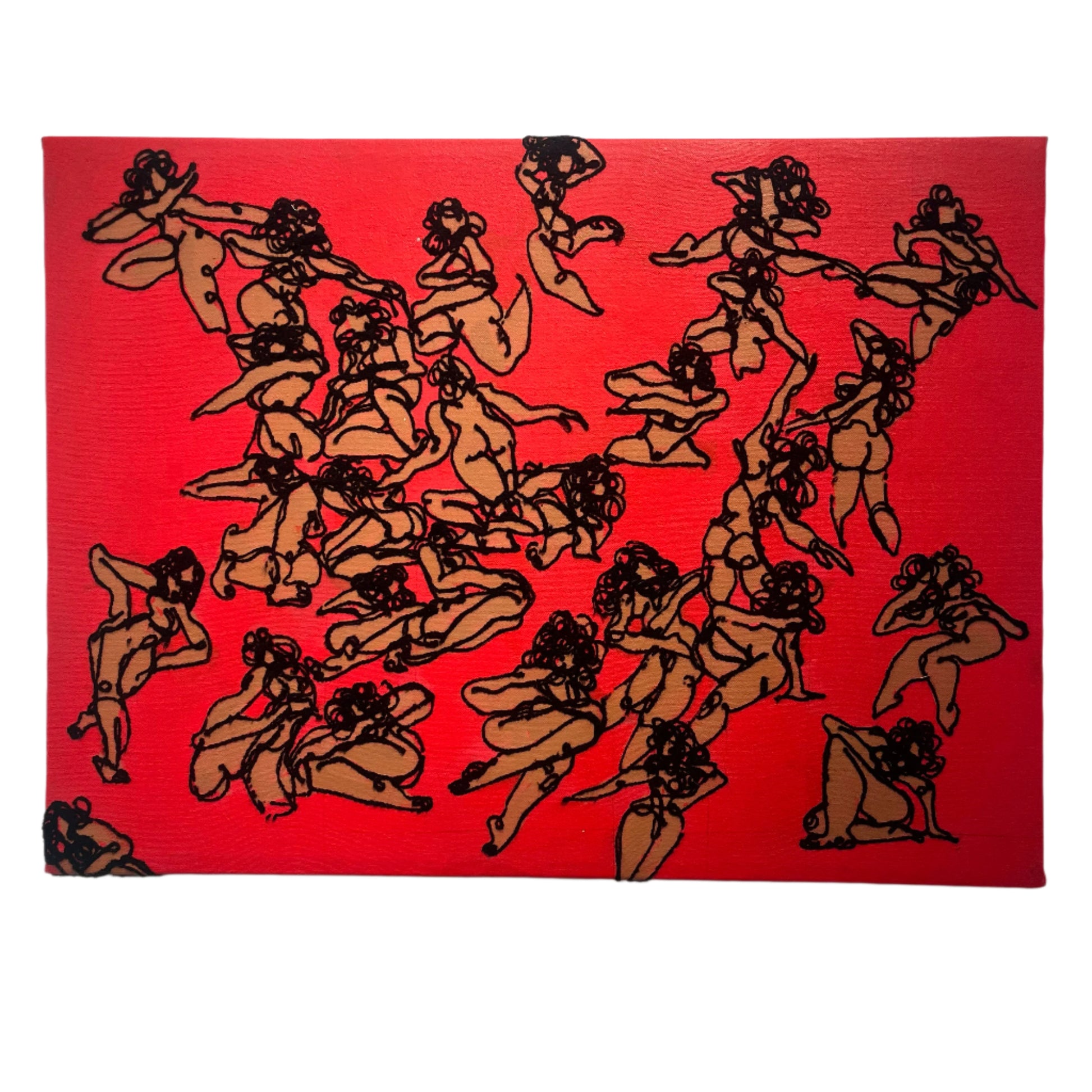 Artistic depiction of multiple figures in various poses on a red background