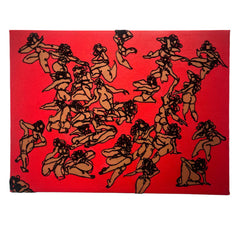 Artistic depiction of multiple figures in various poses on a red background