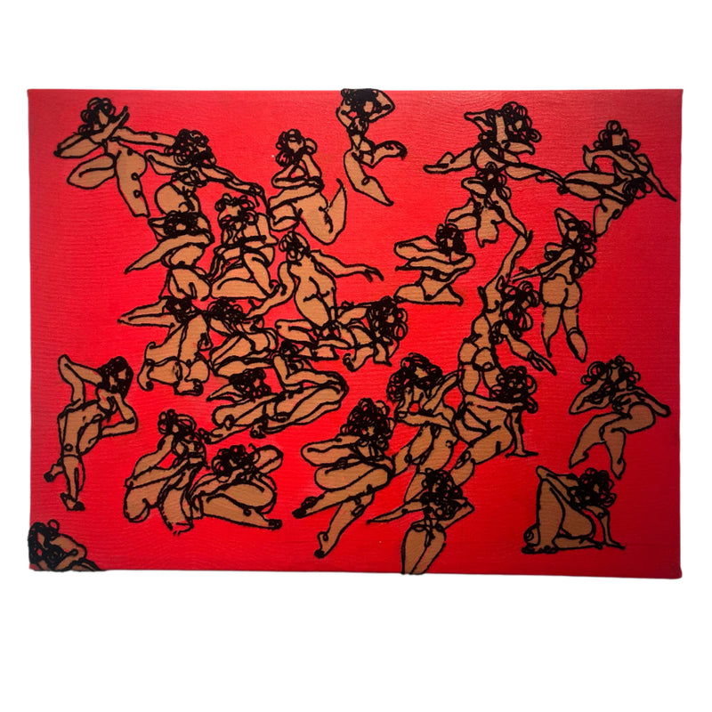 Artistic depiction of multiple figures in various poses on a red background