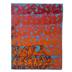 Abstract artwork with figurative patterns in red, orange, and blue