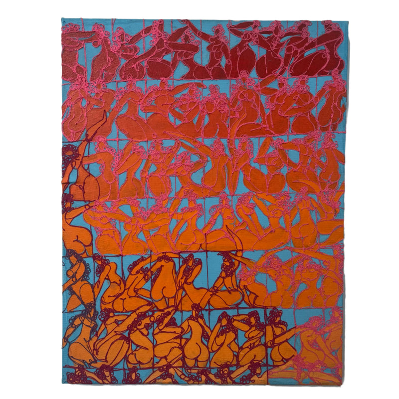 Abstract artwork with figurative patterns in red, orange, and blue