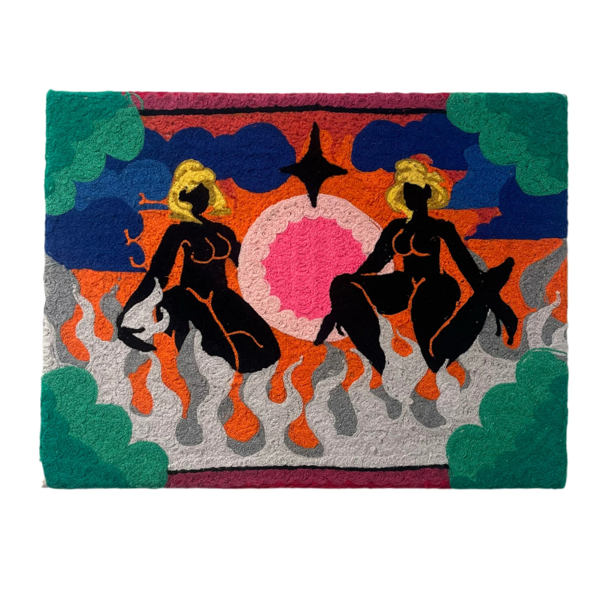 Colorful artwork with black silhouettes of two figures against a vibrant background.