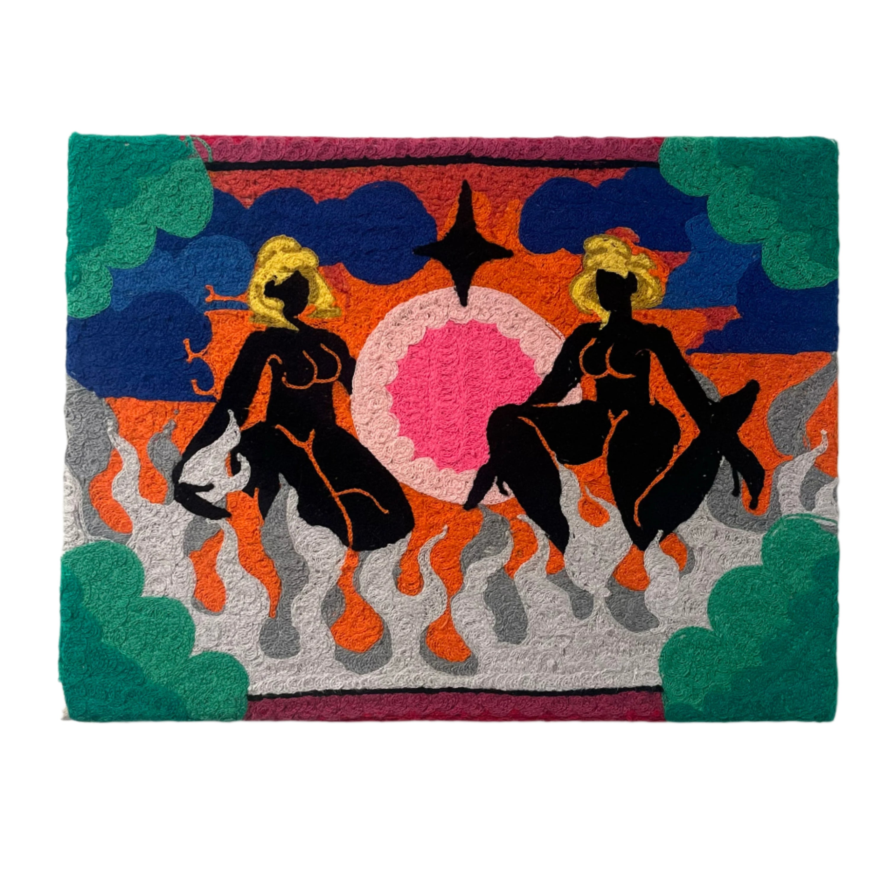 Colorful artwork with black silhouettes of two figures against a vibrant background.