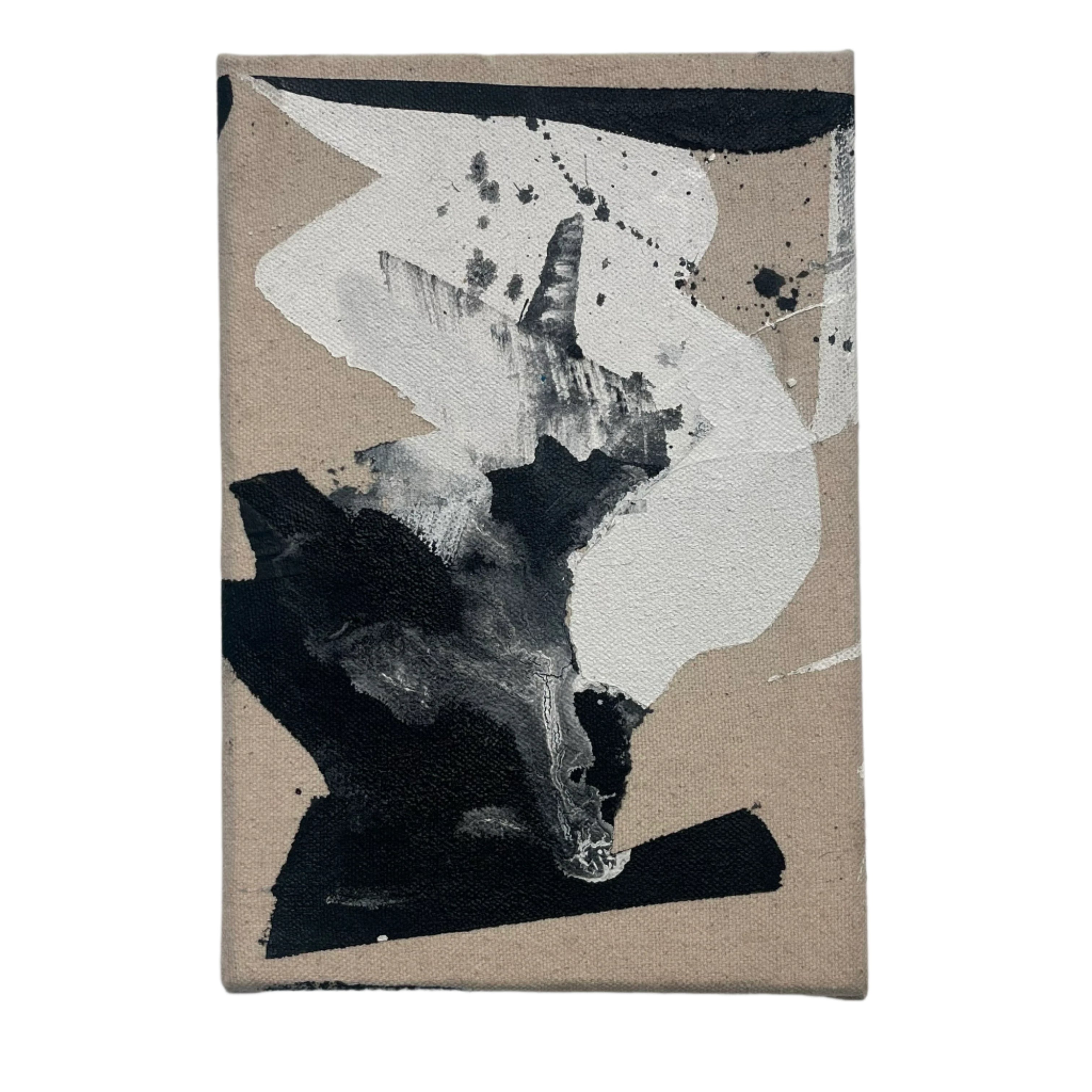 Abstract art piece with black, white, and gray on a textured beige background