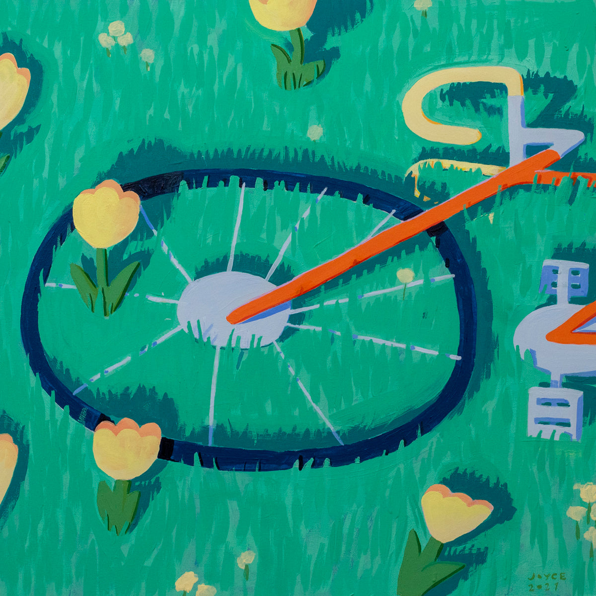 Bike in the Grass with Tulips